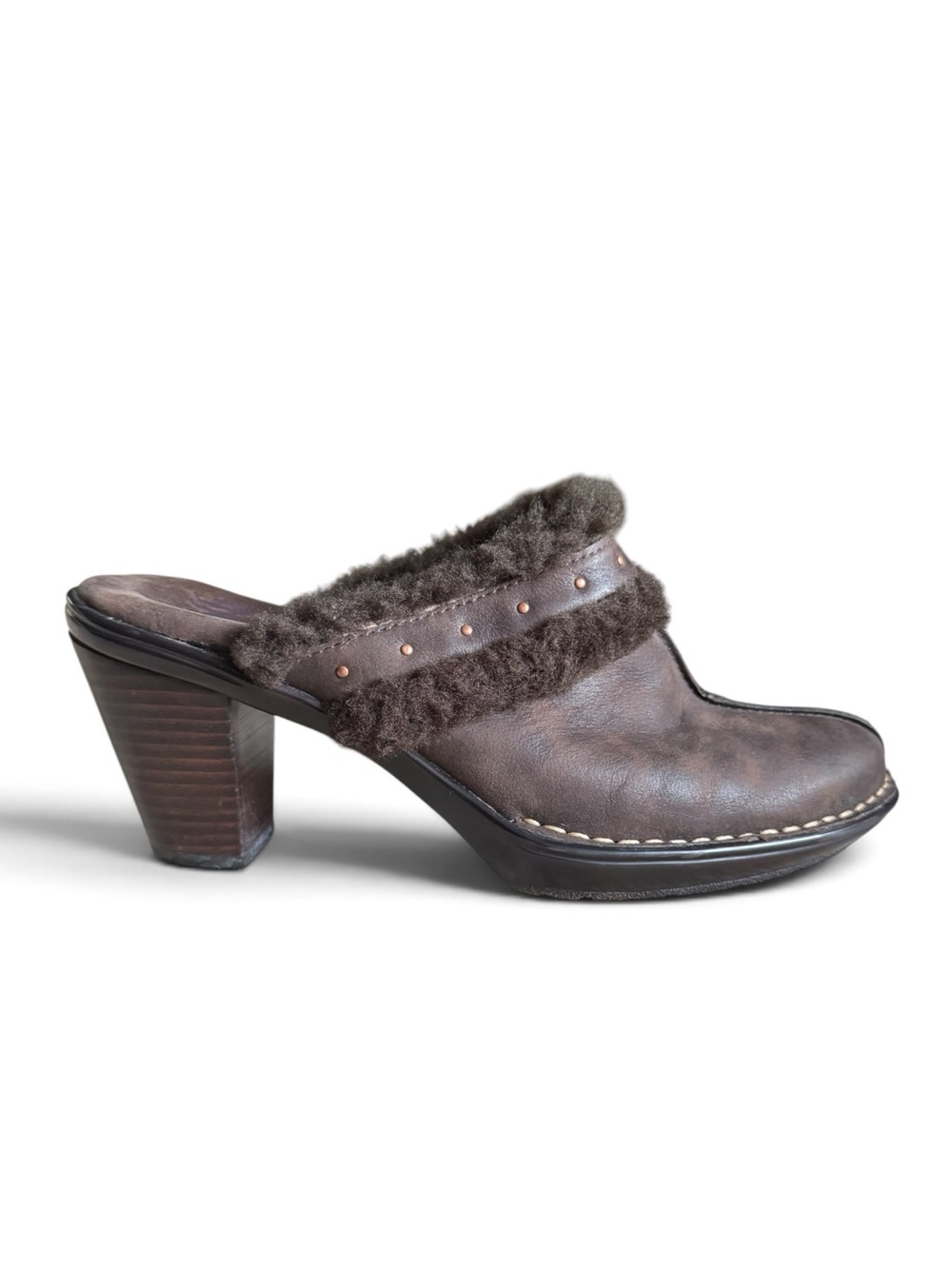 Sofft Brown Leather Shearling Trim Mule Heels Studded Clogs Size 7